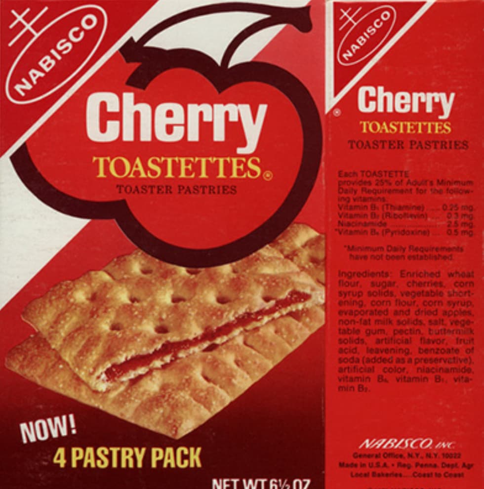 flatbread - Nabisco Nabisco Cherry Toastettes. Toaster Pastries Cherry Toastettes Toaster Pastries Each Toastette provides 25% of Adults Minimum Daily Requirement for the ing vitamins. Vitamin B Thiamine 0.25 mg Vitamin B Ribolevin 0319 Niacinamide 2.5 mg